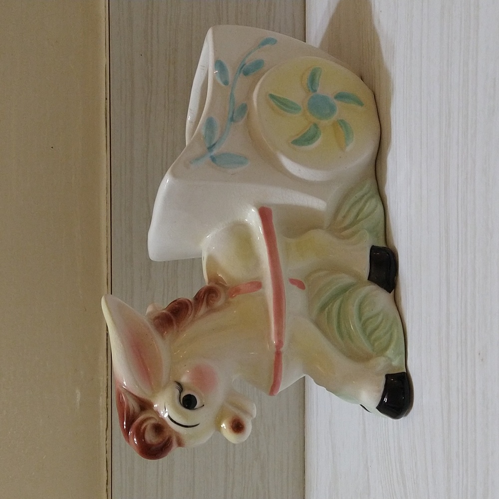Vintage Japan Ceramic Donkey Cart Planter Small Multicolor Pastel Hand Painted